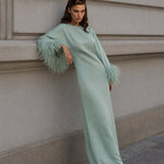 ÉLANE CÉLADON pale celadon feather-trimmed kaftan gown