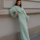 ÉLANE CÉLADON pale celadon feather-trimmed kaftan gown