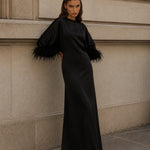 ÉLANE ONYX black feather-trimmed kaftan gown